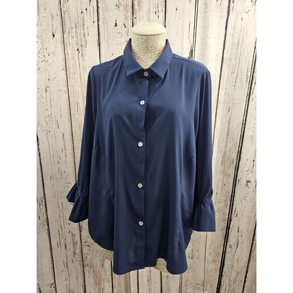 GC Women's XXL Gretchen Scott Priss Blouse Chiffon Navy Blue Button Down Shirt - Picture 1 of 7